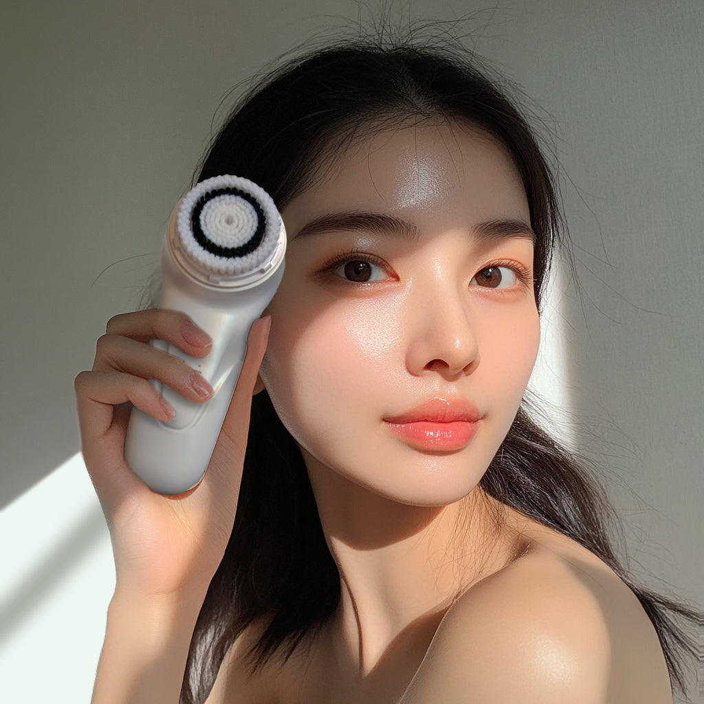 女性使用白色電動潔面儀清潔臉部，展現健康光澤肌膚｜2024最佳電動潔面儀推薦