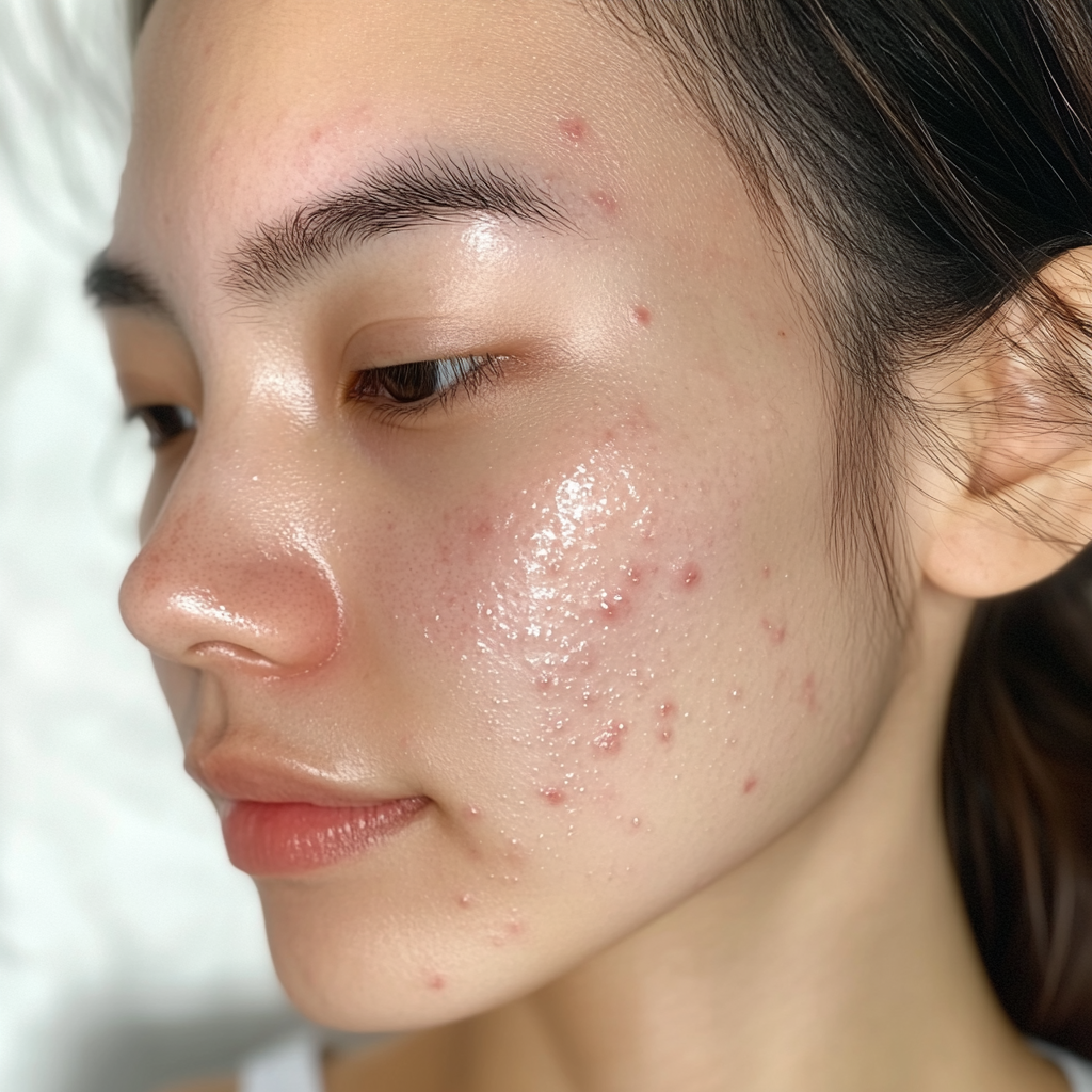 特寫：一位年輕女性的臉部肌膚呈現痘痘與泛油光狀態，顯示出痘痘肌的特徵與膚況。