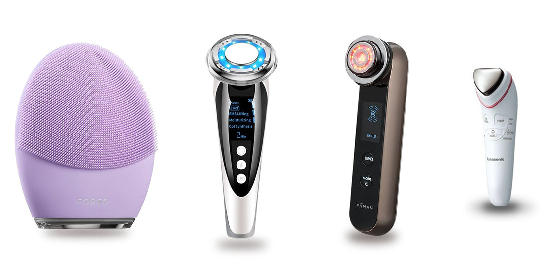 熱門家用美容儀品牌比較：左起為 Foreo LUNA（聲波潔膚）、HemiBliss 光子嫩膚儀（MICTONE 光療嫩膚）、Ya-man 射頻美容儀（RF 提拉）、Panasonic 美容導入儀（溫熱導入）